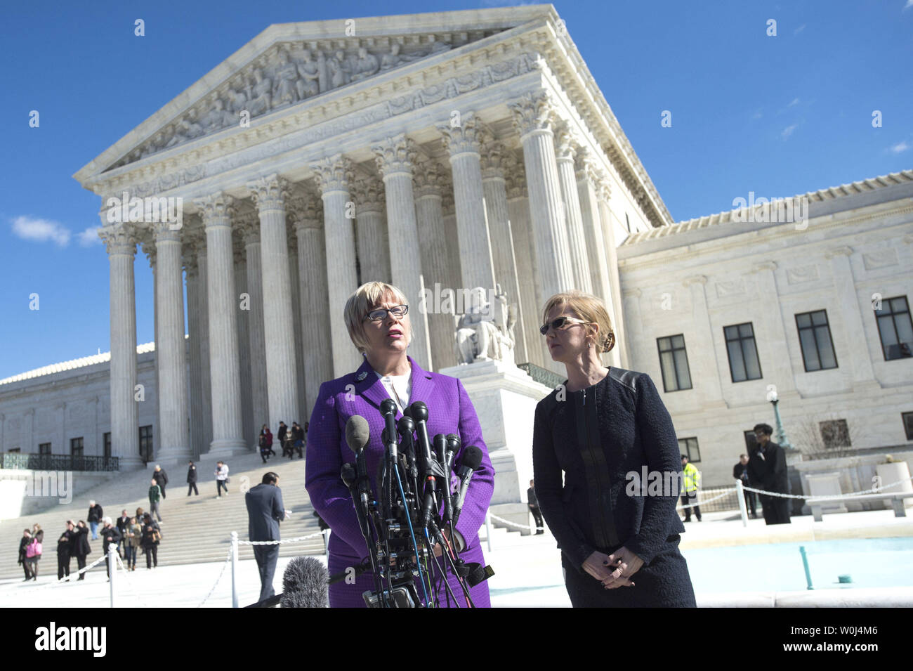 Lead plaintiff Amy Hagstrom Miller (L), CEO of Whole Woman's Health, and Nancy Northup, CEO of Center for Reproductive Rights, speak to the media after the Supreme Court heard arguments in the Whole Woman’s Health v. Hellerstedt case, at the Supreme Court in Washington, D.C. on March 2, 2016. The case The case will decide the legality of a 2013 Texas law that plaintiffs say restricts a woman's constitutional right to end a pregnancy by putting an 'undue burden' on them. Photo by Kevin Dietsch/UPI Stock Photo