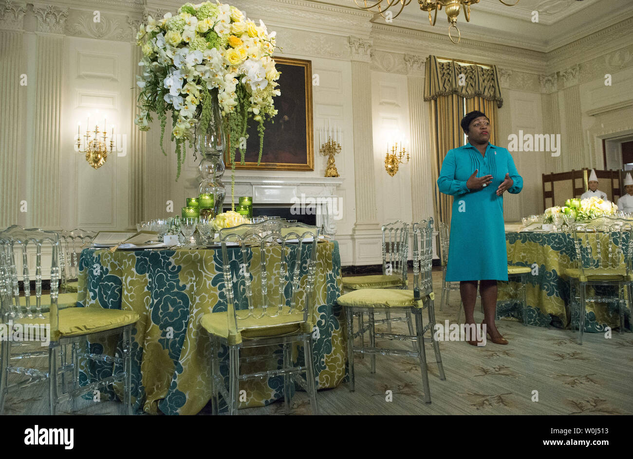Deesha Dyer, White House Social Secretary, speaks about the upcoming Canada State Dinner during a preview in the State Dinning room at the White House in Washington, D.C. on March 9, 2016. President Obama and the First Lady will welcome Canadian Prime Minister Justin Trudeau and his wife Sophie Gregoire Trudeau for an official state visit to the White House tomorrow. Photo by Kevin Dietsch/UPI Stock Photo