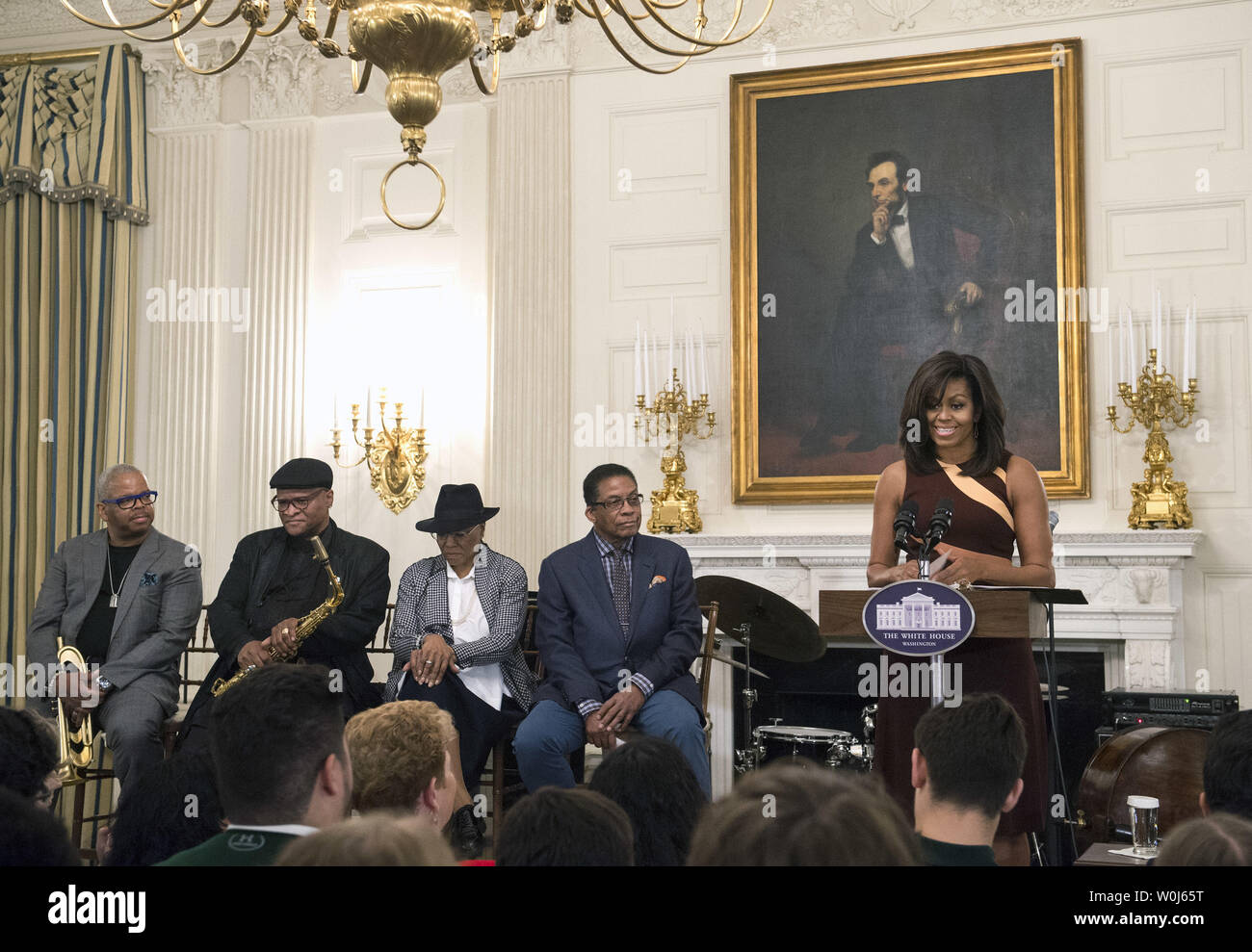 First Lady Michelle Obama delivers remarks at the International Jazz Day celebration at the White House in Washington D.C. on April 29, 2016. The First Lady welcomed high school students from around the country for a jazz workshop featuring jazz legends Herbie Hancock (2nd-R), Dee Dee Bridgewater (C), Bobby Watson (2nd-L) and Terrence Blanchard. Photo by Kevin Dietsch/UPI Stock Photo