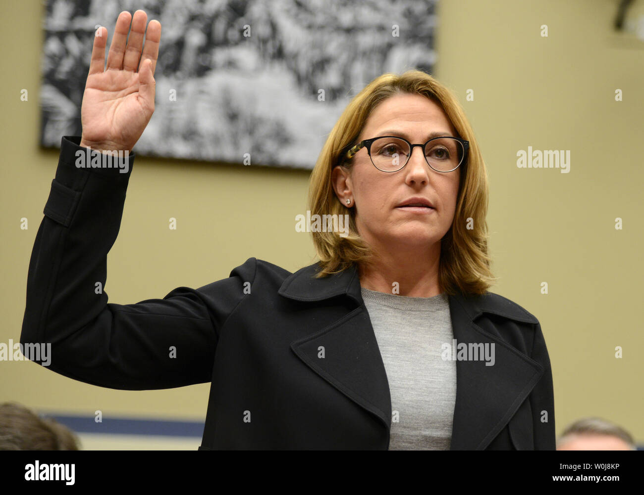 Mylan Inc. CEO Heather Bresch is sworn in prior to testifying before the House Oversight and Government Reform Committee, on Capitol Hill in Washington, DC, September 21, 2016. The committee is investigating Myan's sky-rocketing price increase of the life-saving children's allergy medicine.      Photo by Mike Theiler/UPI Stock Photo