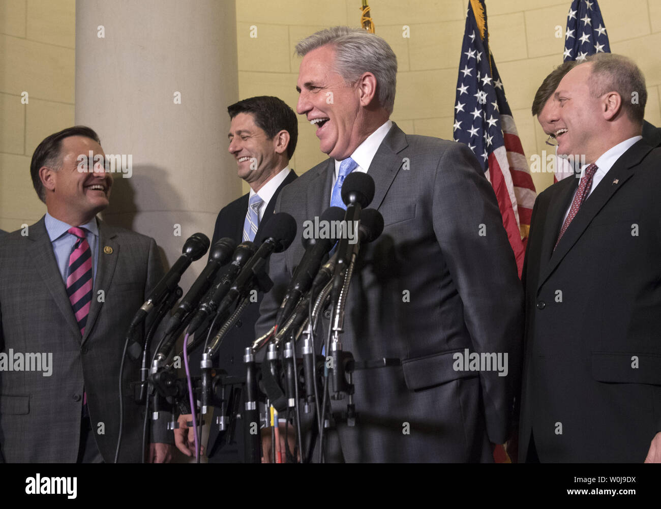 House Majority Leader Kevin McCarthy (R-CA) speaks alongside fellow House Republican Leadership following the Republican leadership vote on Capitol Hill in Washington, D.C. on November 15, 2016. Speaker Paul Ryan (R-WI) was elected to his second term as Speaker while House Majority Leader Kevin McCarthy (R-CA), House Majority Whip Steve Scalise (R-LA) and Chair of the Republican Conference Cathy McMorris Rodgers (R-WA) all ran unopposed and were unanimously reelected. Photo by Kevin Dietsch/UPI Stock Photo