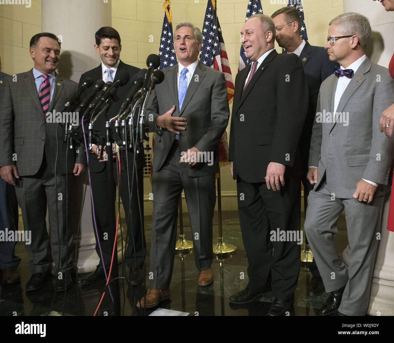 House Majority Leader Kevin McCarthy (R-CA) speaks alongside fellow House Republican Leadership following the Republican leadership vote on Capitol Hill in Washington, D.C. on November 15, 2016. Speaker Paul Ryan (R-WI) was elected to his second term as Speaker while House Majority Leader Kevin McCarthy (R-CA), House Majority Whip Steve Scalise (R-LA) and Chair of the Republican Conference Cathy McMorris Rodgers (R-WA) all ran unopposed and were unanimously reelected. Photo by Kevin Dietsch/UPI Stock Photo