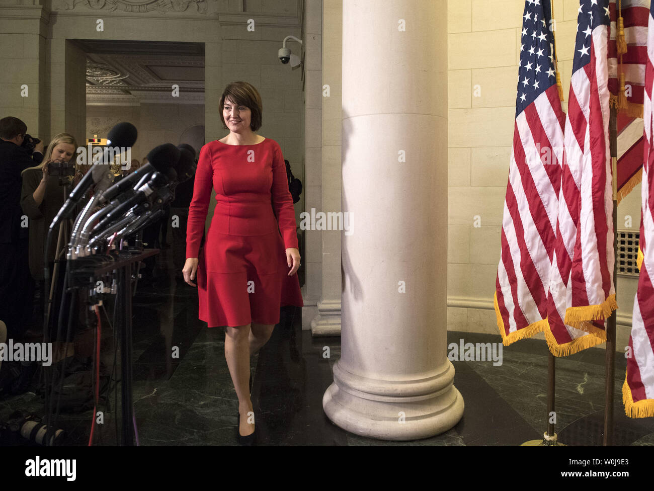 Chair of the Republican Conference Cathy McMorris Rodgers (R-WA) walks to the microphone to speaks following the Republican leadership vote on Capitol Hill in Washington, D.C. on November 15, 2016. Speaker Paul Ryan (R-WI) was elected to his second term as Speaker while House Majority Leader Kevin McCarthy (R-CA), House Majority Whip Steve Scalise (R-LA) and Chair of the Republican Conference Cathy McMorris Rodgers (R-WA) all ran unopposed and were unanimously reelected. Photo by Kevin Dietsch/UPI Stock Photo