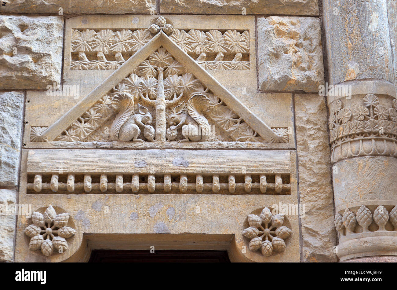 Nordic art nouveau, Finnish national romantic style, floral and animal motifs carved on a building in Helsinki, Finland Stock Photo