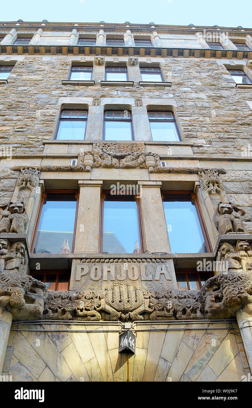 Entrance to the former headquarters of the Pohjola Insurance Company at Aleksanterinkatu 44, Helsinki, Finland, an 1899 sandstone building in nordic a Stock Photo