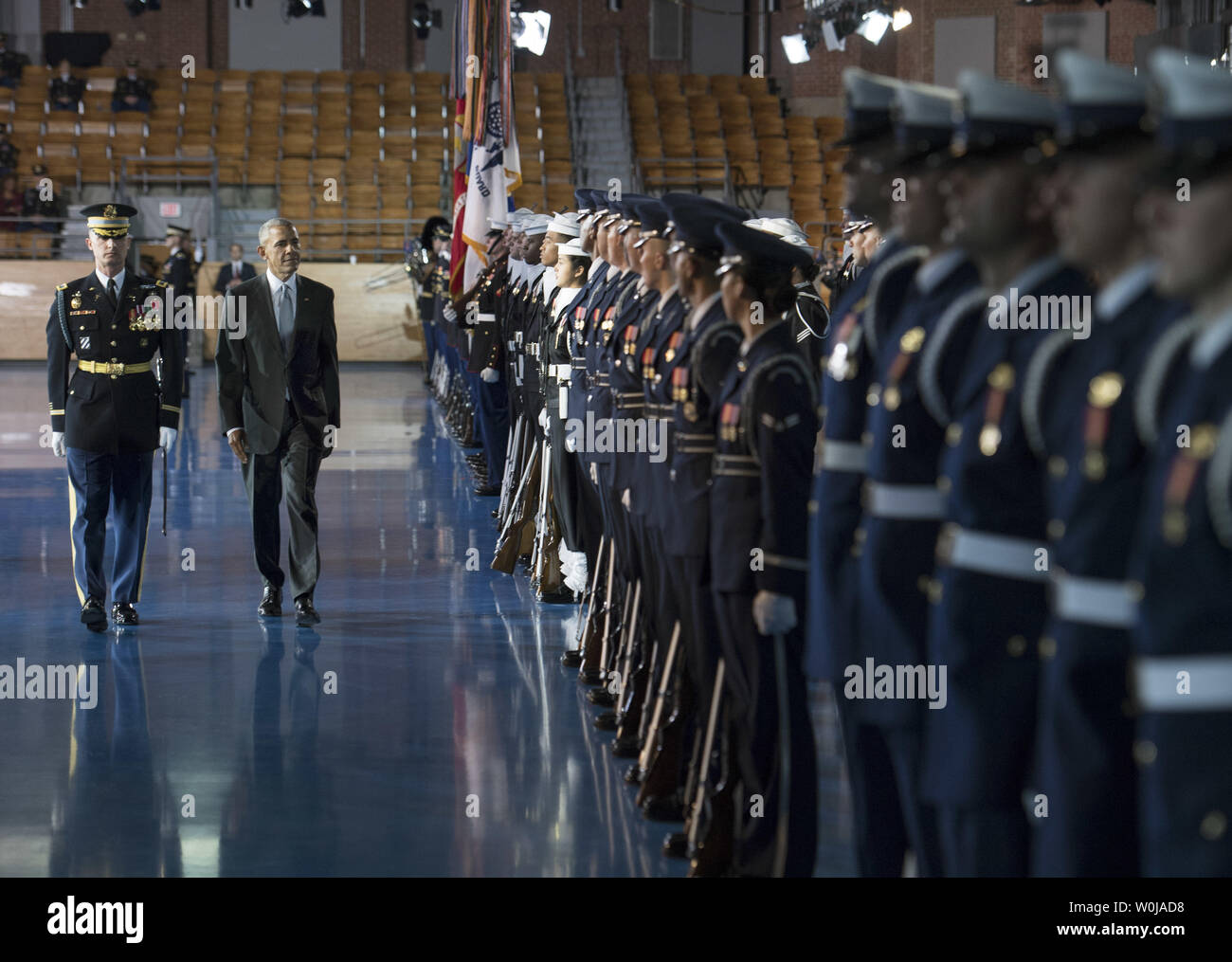 President Barack Obama is escorted by Army Col. Jason T Garkey as he inspects the Armed Forces Honor Guard during his Armed Forces Full Honor Review Farewell Ceremony at Joint Base Myers-Henderson Hall, in Virginia on January 4, 2017. The five braces of the military honored the president and vice-president for their service as they conclude their final term in office. Photo by Kevin Dietsch/UPI Stock Photo