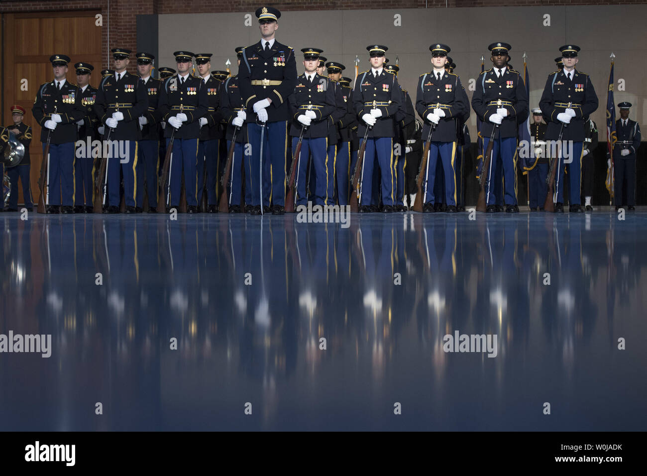 An Army Honor Guard stands for President Barack Obama's Armed Forces Full Honor Review Farewell Ceremony at Joint Base Myers-Henderson Hall, in Virginia on January 4, 2017. The five braces of the military honored the president and vice-president for their service as they conclude their final term in office. Photo by Kevin Dietsch/UPI Stock Photo