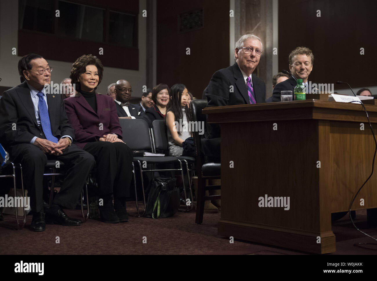 Senate Minority Leader Harry Reid, D-Nev, introduces his wife Elaine Chao for her Transportation Secretary Confirmation Hearing before the Senate Committee on Commerce, Science, and Transportation Committee on Capitol Hill in Washington, D.C. on January 11, 2017. Photo by Kevin Dietsch/UPI Stock Photo