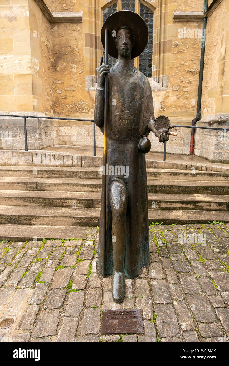 ROTHENBURG OB DER TAUBER, GERMANY - JUNE 12 , 2019: sculpture of a pilgrim from the Camino de Santiago Stock Photo