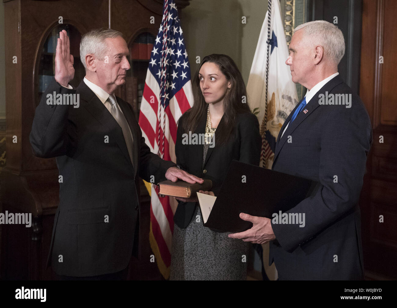 Marine Corps General James Mattis is sworn-in as Defense Secretary by Vice President Mike Pence, in the Vice Presidential ceremonial office in the Executive Office Building in Washington, D.C. on January 20, 2017. Photo by Kevin Dietsch/UPI Stock Photo