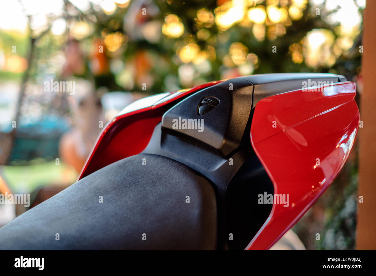 Bangkok Thailand Dec 24 2017 The Ducati 959 Panigale Red And Black Rear On Glowing Bokeh In House At Sunset Stock Photo Alamy