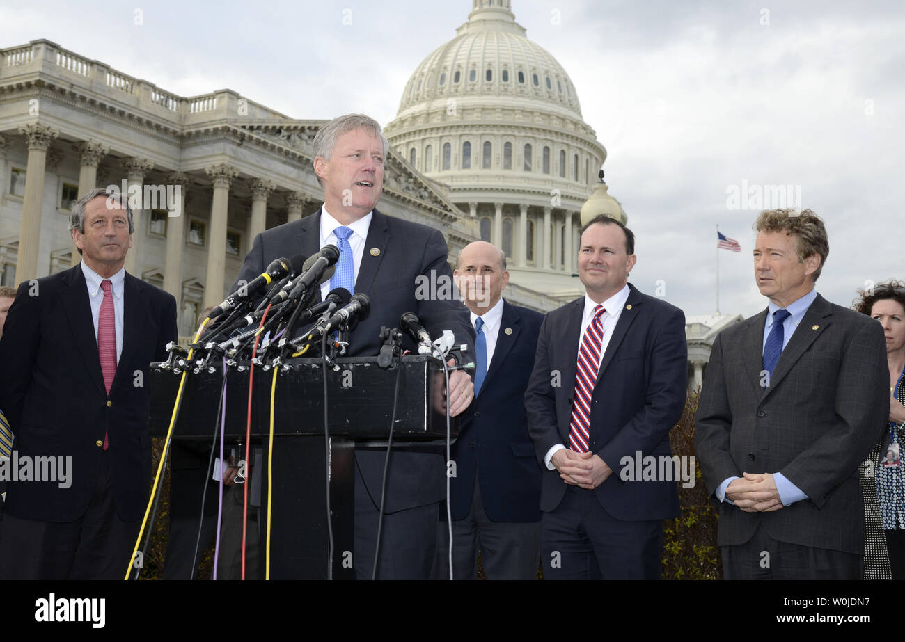 North Carolina Rep. Mark Meadows makes remarks as members of the House Freedom Caucus (L-R) Rep. Mark Sanford of South Carolina and Rep. Louie Gohmert of Texas, Senators Mike Lee of Utah and Rand Paul of Kentucky, listen at a news conference on Obamacare, on Capitol Hill, March 7, 2017, in Washington, DC. The House is introducing legislation to replace the Affordable Care Act and will begin action immediately.                Photo by Mike Theiler/UPI Stock Photo