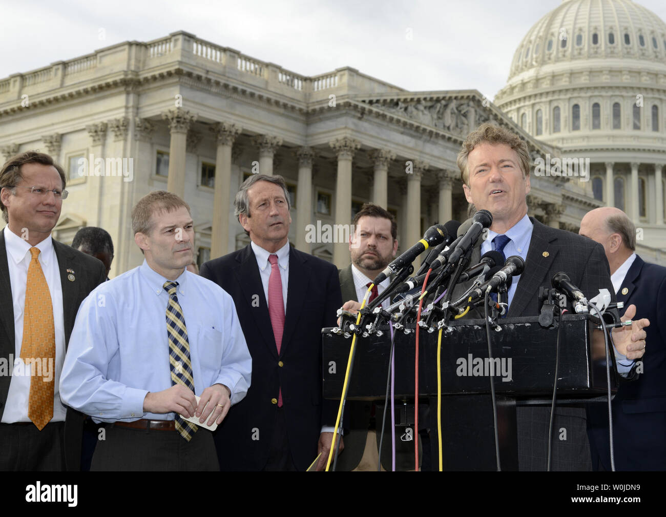 Kentucky Sen. Rand Paul makes remarks as (L-R) House Freedom Caucus members Virginia Rep. David Brat, Ohio Rep. Jim Jordan and South Carolina Rep. Mark Sanford listen at a news conference on Obamacare, on Capitol Hill, March 7, 2017, in Washington, DC. The House is introducing legislation to replace the Affordable Care Act and will begin action immediately.                Photo by Mike Theiler/UPI Stock Photo