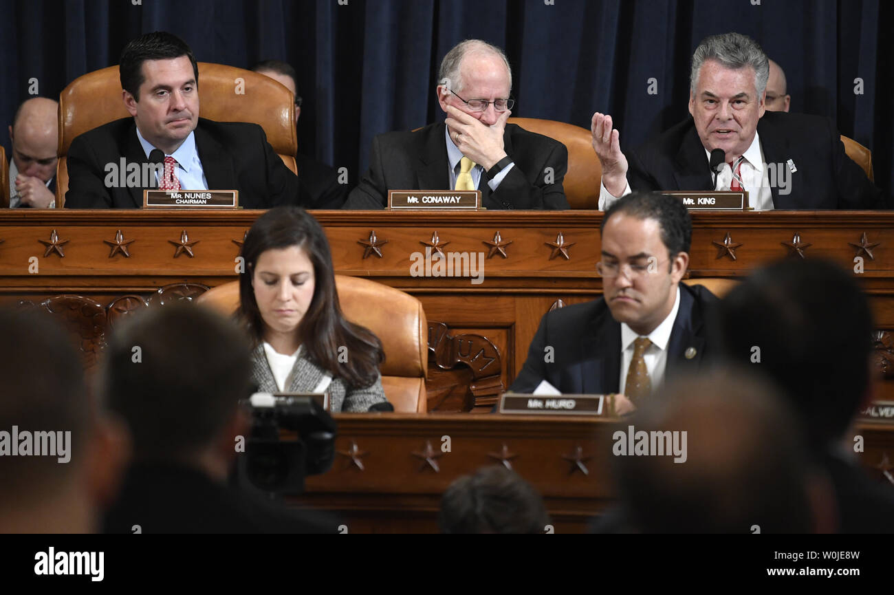 New York Rep. Peter King (R) questions James Comey, Director of the Federal Bureau of Investigation, and Mike Rogers, Director of the National Security Agency, as Chairman Devin Nunes of California (L) and Texas Rep. Mike Conaway (C) listen, during hearings on Russia's involvement in the 2016 Presidential Election and alleged hacking allegations during a House Intelligence Committee hearing, on Capitol Hill in Washington, D.C. on March 20, 2017.                   Photo by Mike Theiler/UPI Stock Photo