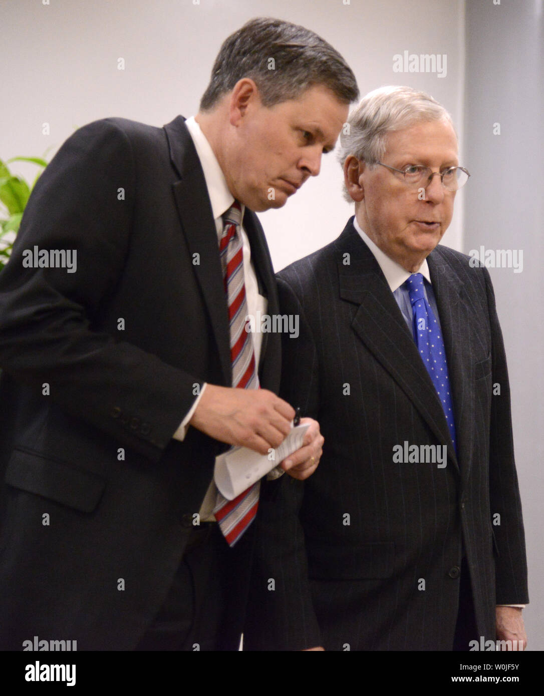 Sen Majority Leader Mitch Mcconnell Of Kentucky R And Sen Steve Daines Of Montana Confer As They Leave A Closed Door Intelligence Briefing On The American Military Attack On Syria On Capitol