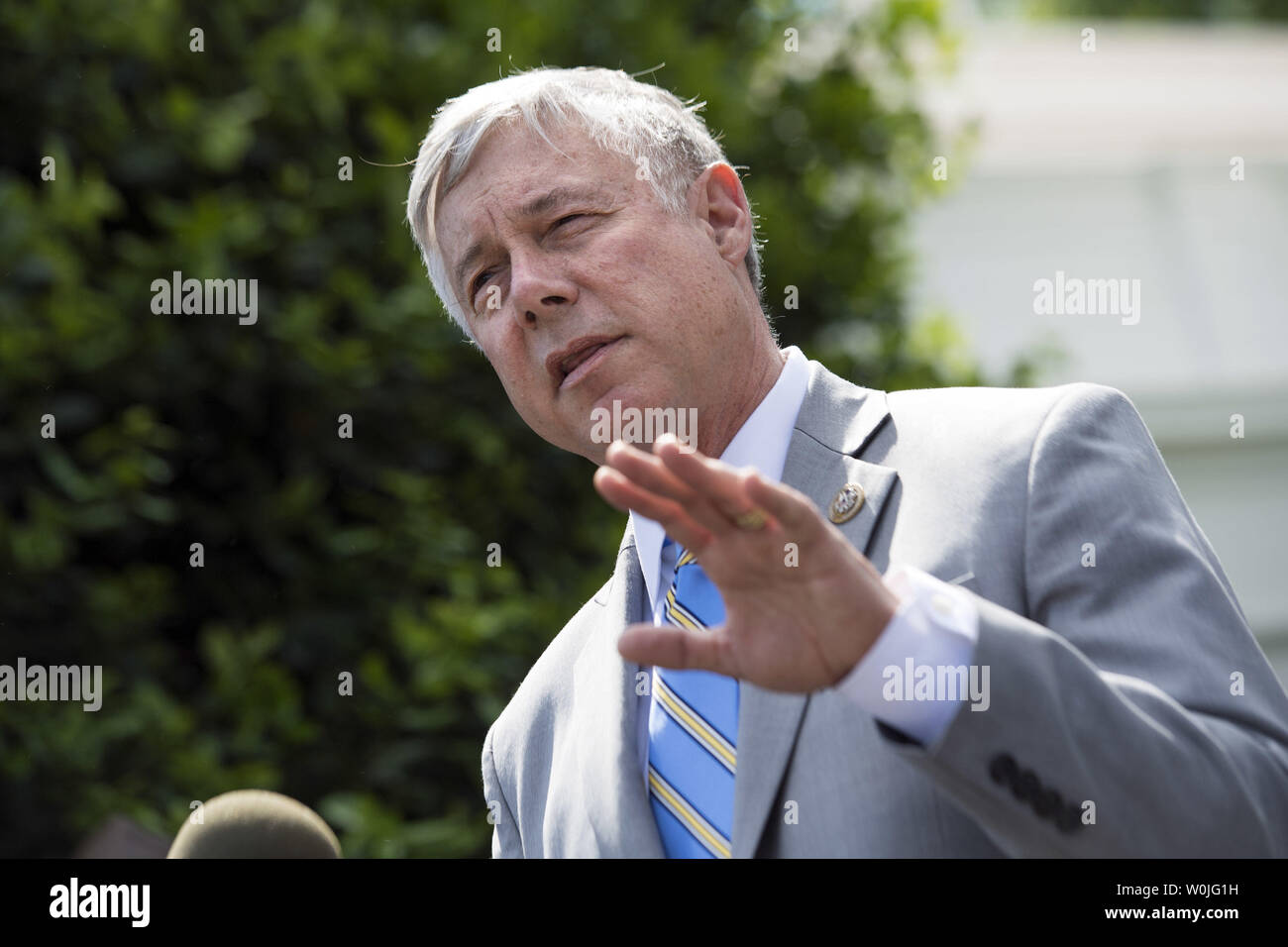 Rep.  Fred Upton, R-MI, speaks to the media about the Republican health care plan to replace the Affordable Care Act after meeting with President Trump at the White House in Washington, D.C. on May 3, 2017. Long said he has switched his vote to a 'yes' on an Obamacare repeal and replacement. Photo by Kevin Dietsch/UPI...Photo by Kevin Dietsch/UPI Stock Photo
