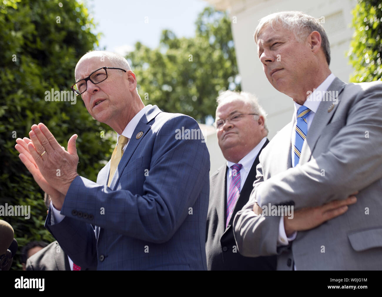Rep. Greg Walden, R-Ore, Rep. Billy Long, R-MO, (2nd-R) and Rep.  Fred Upton, R-MI, (R) speak to the media about the Republican health care plan to replace the Affordable Care Act after meeting with President Trump at the White House in Washington, D.C. on May 3, 2017. Photo by Kevin Dietsch/UPI Stock Photo