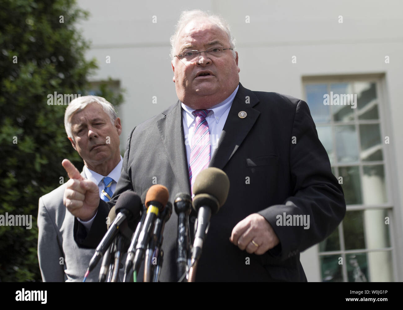 Rep. Billy Long, R-MO, (R) and Rep.  Fred Upton, R-MI, speak to the media about the Republican health care plan to replace the Affordable Care Act after meeting with President Trump at the White House in Washington, D.C. on May 3, 2017. Upton and Long have switched their votes to a 'yes' on an Obamacare repeal and replacement. Photo by Kevin Dietsch/UPI...Photo by Kevin Dietsch/UPI Stock Photo