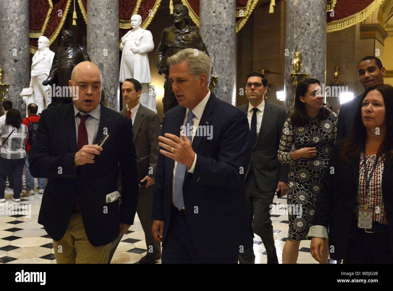 House Majority Leader Kevin McCarthy (C) leaves the floor of the House as procedurals begin for a later vote on another attempt to pass a comprehensive health care bill, at the U.S. Capitol, May 4, 2017, in Washington, DC. A previous attempt to repeal and replace President Barack Obama's Affordable Care Act was abandoned before a vote.         Photo by Mike Theiler/UPI Stock Photo