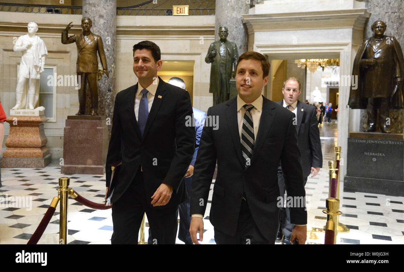 House Speaker Paul Ryan of Wisconsin (L) walks to the House floor prior to a vote on a health care bill, May 4, 2017, in Washington, DC. The House successfully passed new legislation to repeal and replace President Barack Obama's Affordable Care Act. but it faces an uncertain future in the Senate.         Photo by Mike Theiler/UPI Stock Photo