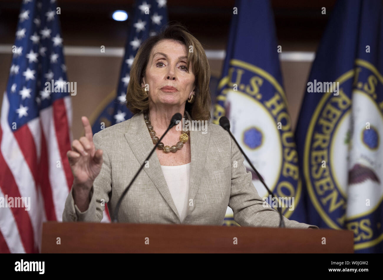 House Minority Leader Nancy Pelosi, D-Calif., speaks at on Capitol Hill in Washington, D.C. on May 25, 2017. Photo by Kevin Dietsch/UPI Stock Photo
