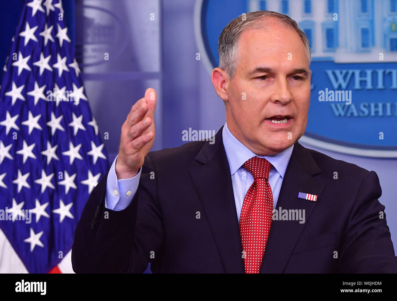 Scott Pruitt, EPA Administrator, speaks about President Turmp's decision to leave the Paris Climate Agreement, during the daily press briefing at the White House in Washington, D.C. on June 2, 2017. Photo by Kevin Dietsch/UPI Stock Photo