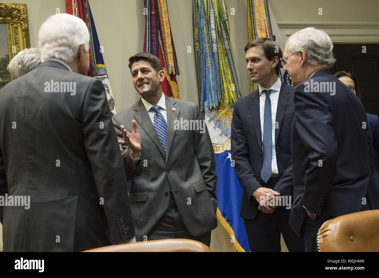 Congressional leaders, from left to right, Sen. John Cornyn, R-TX, Speaker of the House Paul Ryan, R-Wis., Jared Kushner, President Trump's son-in-law and senior adviser, and Rep. Steve Scalise, R-LA, talk prior to a meeting with President Donald Trump in the Roosevelt Room at the White House on June 6, 2017. Photo by Kevin Dietsch/UPI Stock Photo