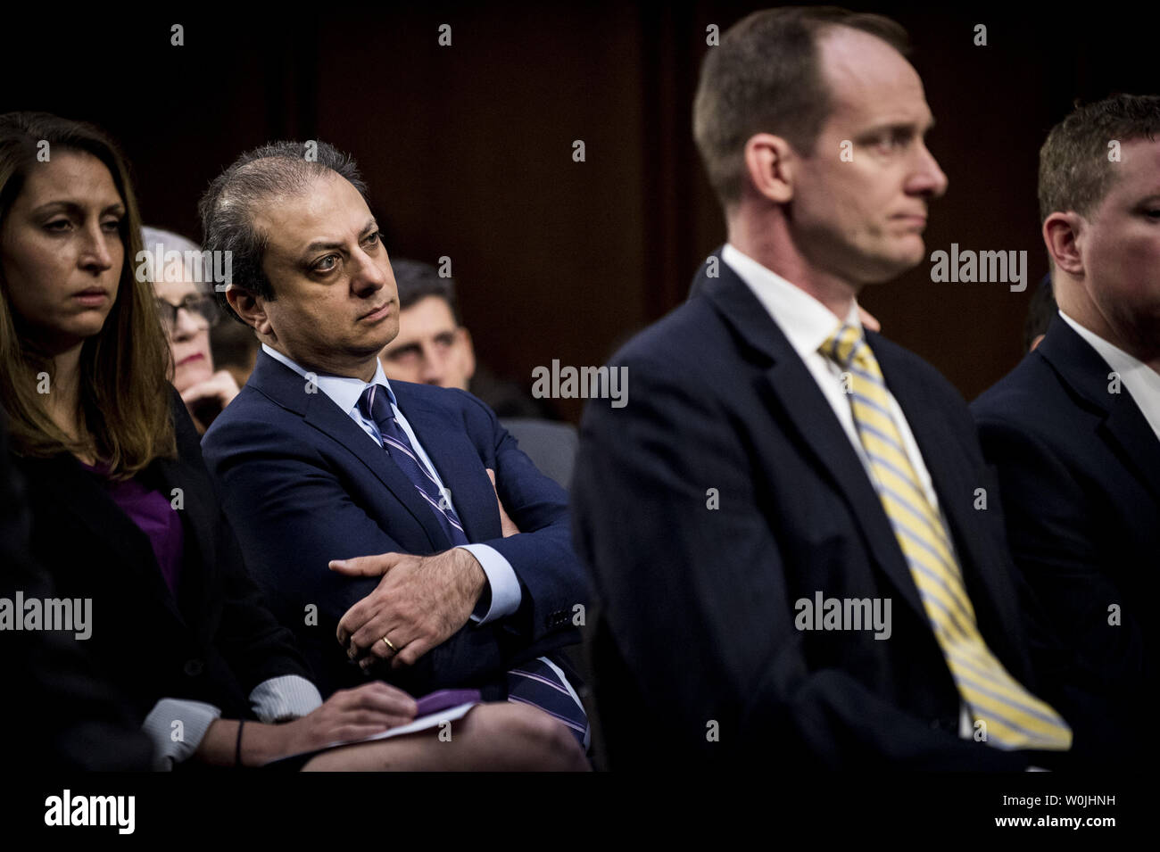 Preet Bharara , former U.S. Attorney for the Southern District of New York looks on as former FBI Director James Comey testifies at a hearing of the Senate Select Intelligence Committee on Capitol Hill in Washington, D.C. on June 8, 2017. Comey testified about his interactions with President Donald Trump that included the alleged pressure Comey felt to stop certain investigations regarding Russia and its interference in the presidential election.  Comey was abruptly fired by the president last month.  Photo by Pete Marovich/UPI Stock Photo