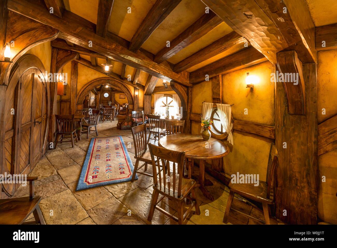 Interior view of the bar The Green Dragon Inn, Hobbiton in the Shire, filming location for Lord of the Rings and The Hobbit, Matamata, Waikato, North Stock Photo