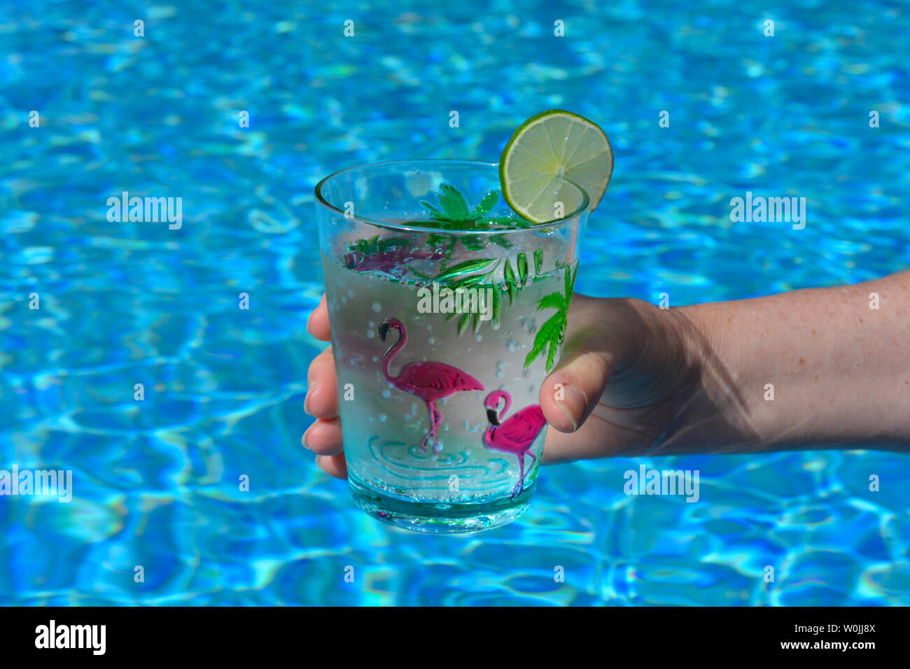 Woman holding a plastic cup decorated with pink flamingoes and a slice ...