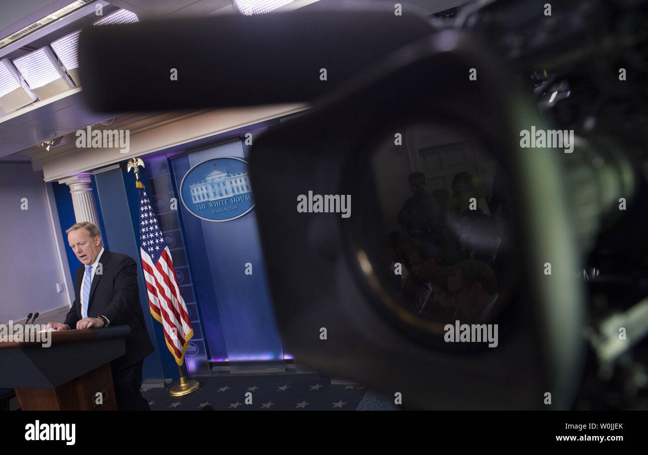 A television camera is seen turned away from White House Press Secretary Sean Spicer as he holds the daily press briefing at the White House in Washington, D.C. on June 26, 2017. The White House barred TV cameras from filming today's briefing. Photo by Kevin Dietsch/UPI Stock Photo