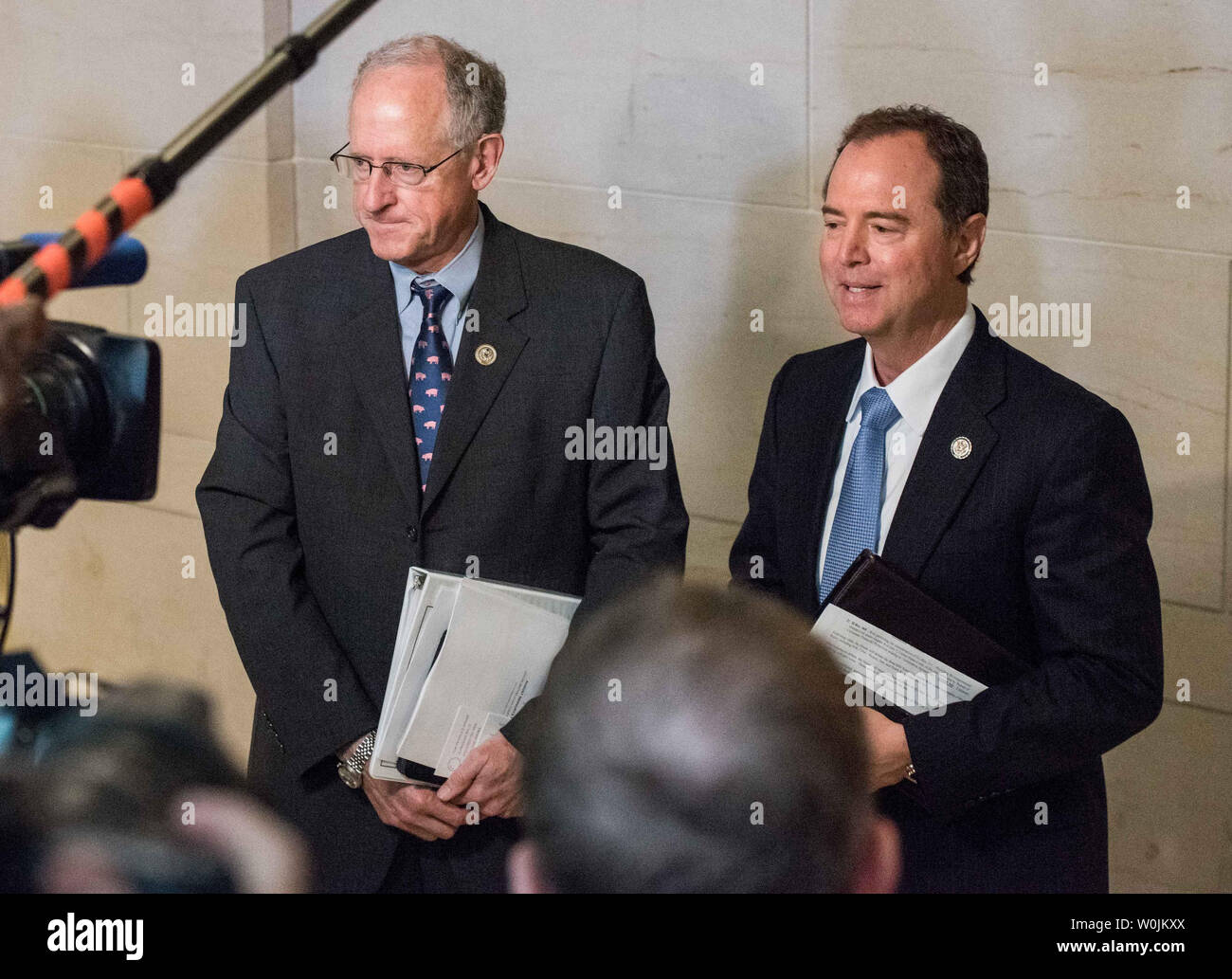 Representatives Mike Conaway (R-TX), left, and Adam Schiff, (D-CA), right, talk with reporters following Jared Kushner, President Trump's son-in-law and senior advisor's meeting on Capitol Hill and met with House Intelligence Committee on his contacts with Russian officials during the general election, at the Capitol Building in Washington, D.C. on July 25, 2017. The Committee is investigating any wrongdoing or collusion between the Trump campaign and the Russians during the 2016 presidential election.     Photo by Ken Cedeno/UPI Stock Photo