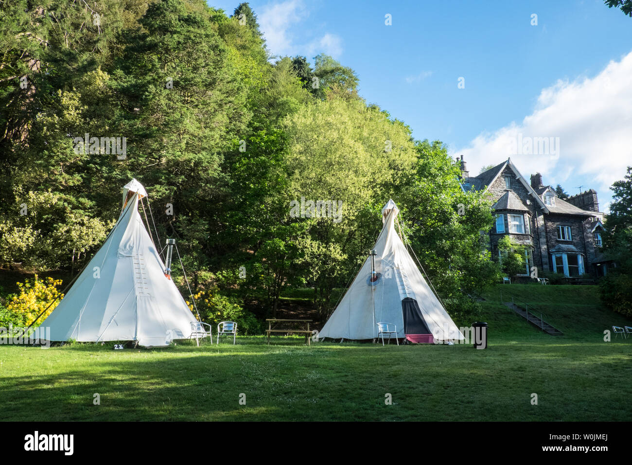 Glamping,camping,tipi,teepee,option,at,YHA,Grasmere,The Lake District  National Park,The Lakes,Lake District,Cumbria,north,England,English,GB,UK  Stock Photo - Alamy