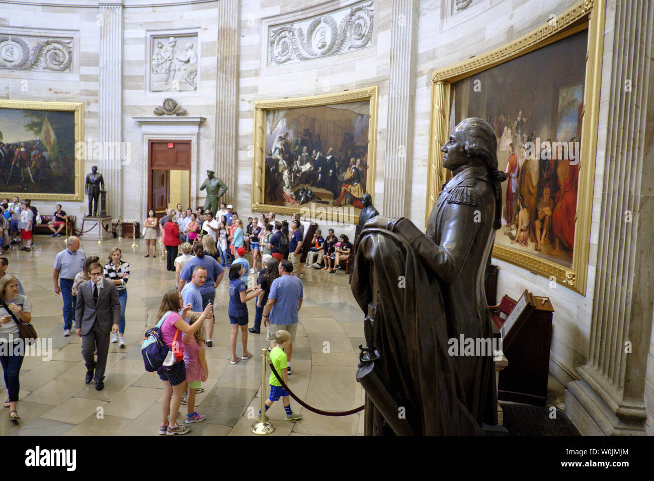A statue of George Washington, leader of the Continental Army in the American Revolution, and first U.S. president, stands in the U.S. Capitol Rotunda on August 17, 2017 in Washington, DC, A nationwide debate is underway concerning the removal of statues, monuments and historical markers that memorialize the Confederacy.   Photo by Pete Marovich/UPI Stock Photo
