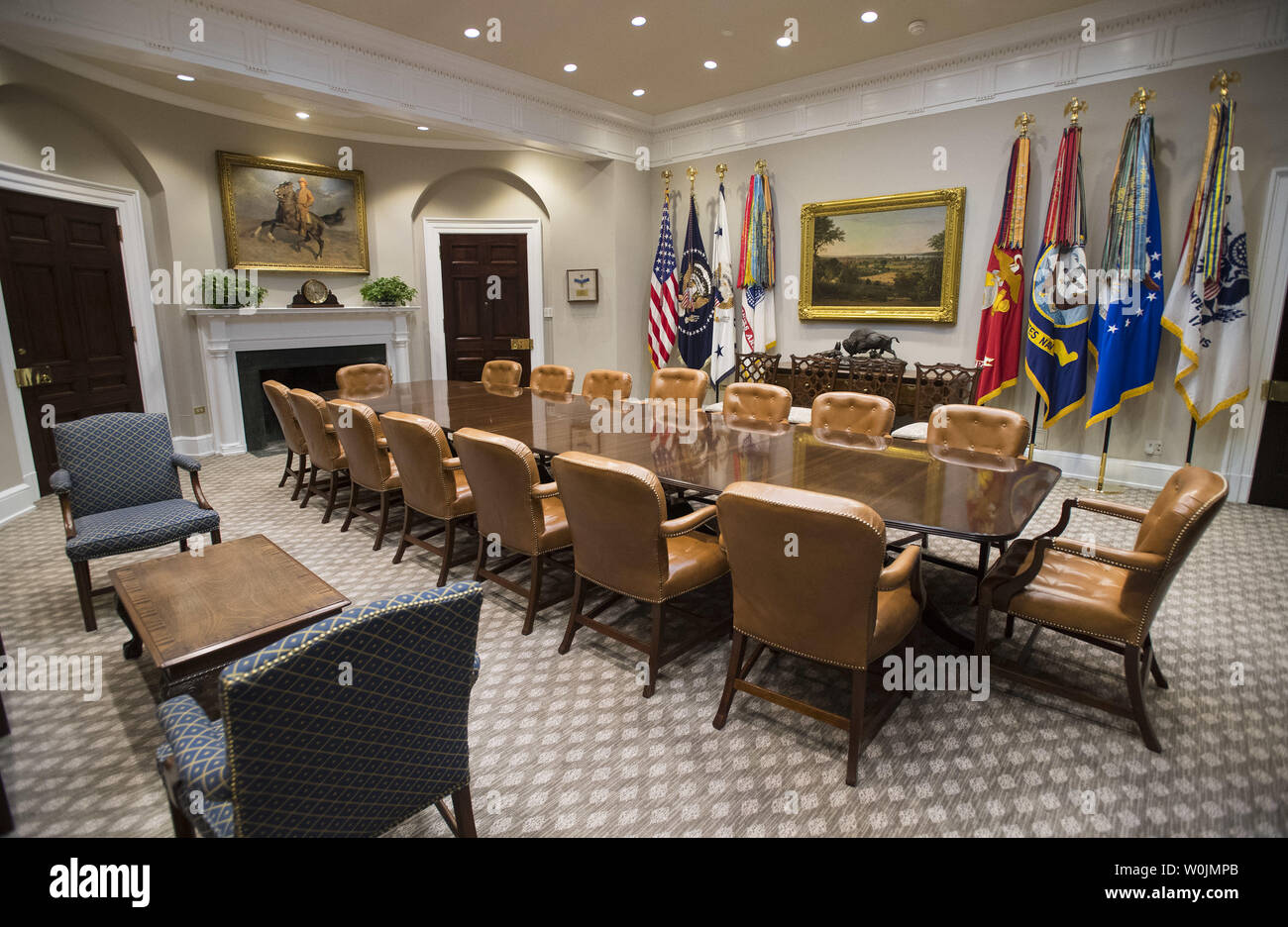 The Roosevelt Room is seen following updates and renovations at the White  House in Washington, D.C. on August 22, 2017. The West Wing recently  underwent renovations, improving and updating the HVAC and