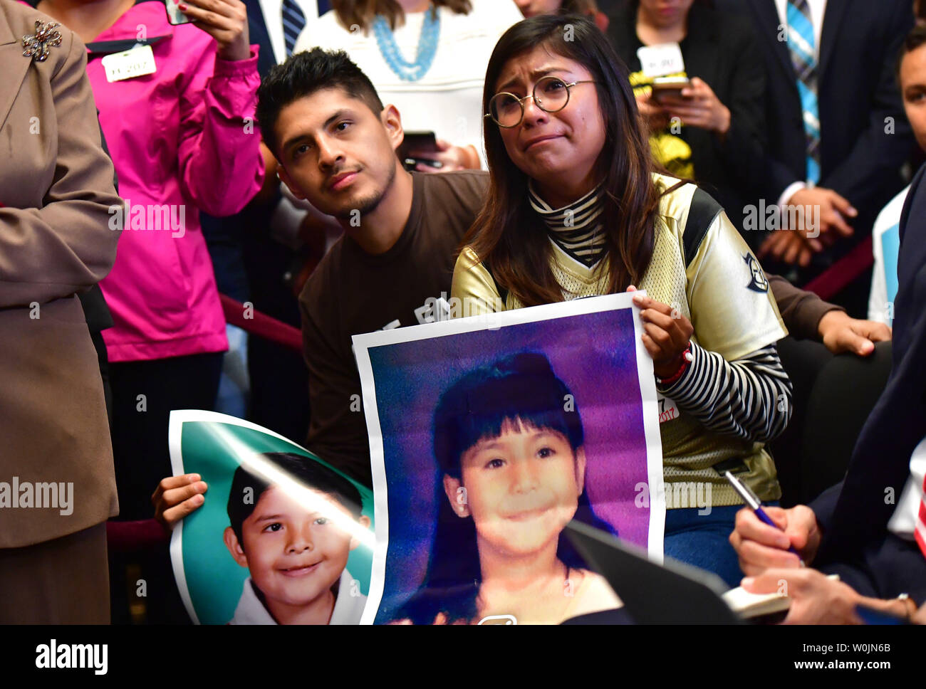 Karen Caudillo (R), 21, and Jario Reyes, 25, both affected by the DACA program attend a Democratic press conference calling on Congressional Republicans to stop the wind down of the Deferred Action for Childhood Arrivals (DACA) initiative at the U.S. Caption in Washington, D.C. on September 6, 2017. Photo by Kevin Dietsch/UPI Stock Photo