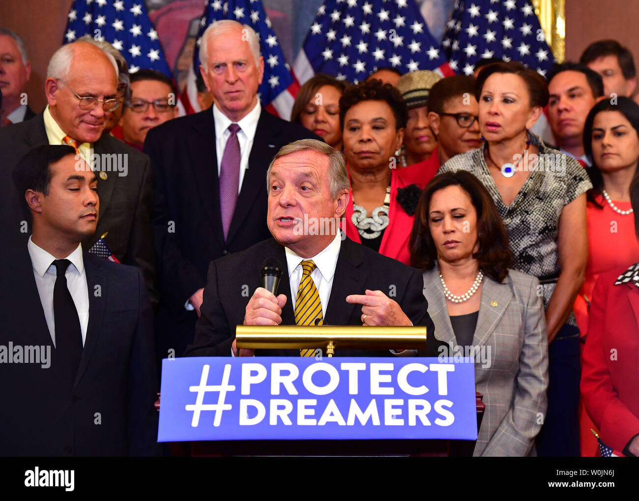 Senate Minority Assistant Leader Richard Durbin, D-IL, speaks alongside fellow Democratic Senators and Representatives at a press conference calling on Congressional Republicans to stop the wind down of the Deferred Action for Childhood Arrivals (DACA) initiative at the U.S. Caption in Washington, D.C. on September 6, 2017. Photo by Kevin Dietsch/UPI Stock Photo