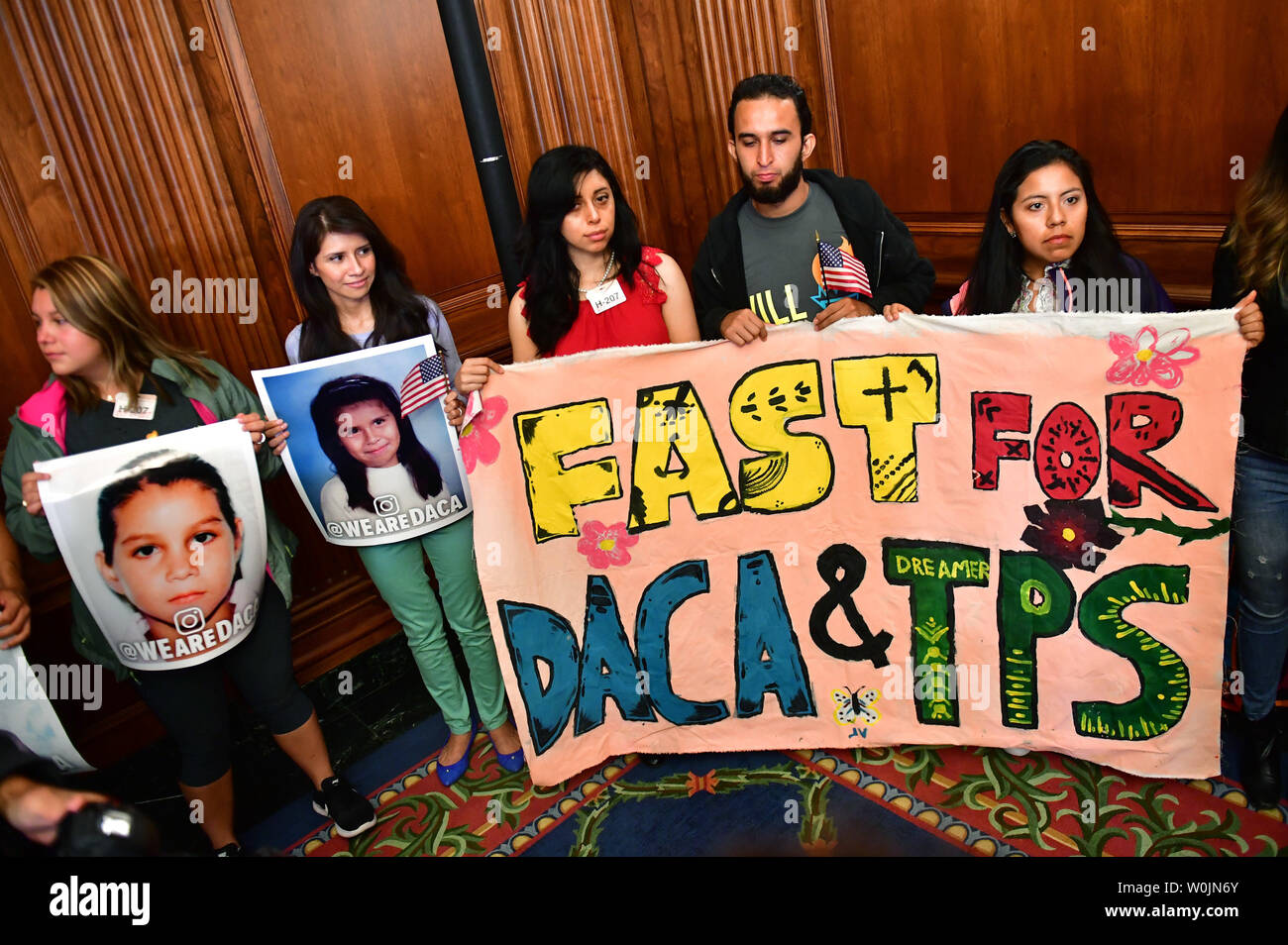 DACA recipients attend a Democratic press conference calling on Congressional Republicans to stop the wind down of the Deferred Action for Childhood Arrivals (DACA) initiative at the U.S. Caption in Washington, D.C. on September 6, 2017. Photo by Kevin Dietsch/UPI Stock Photo