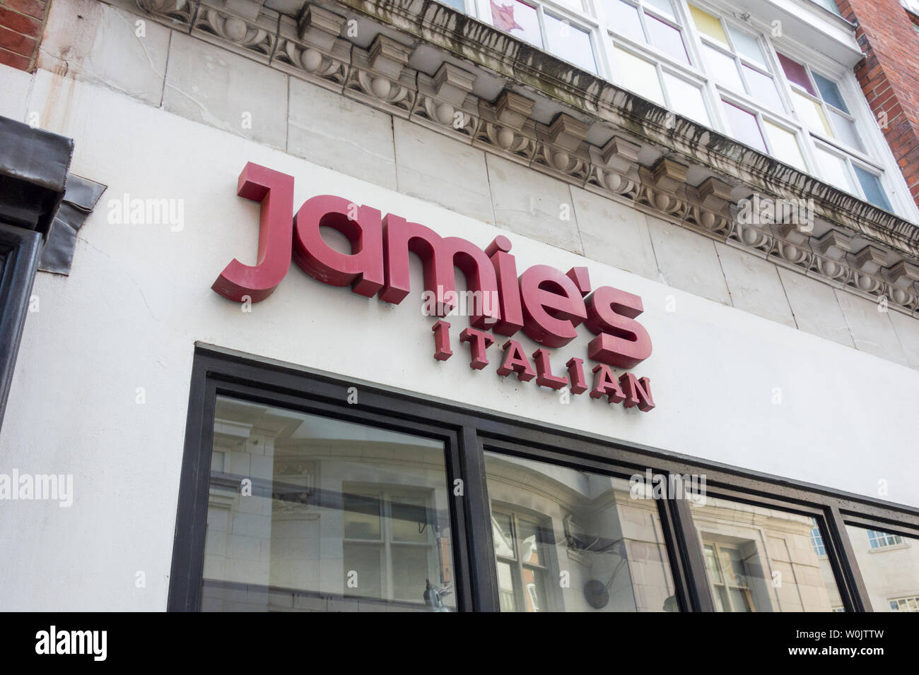 Signage outside Jamie's Italian, Denman Street, Soho, Piccadilly, London, W1, UK Stock Photo