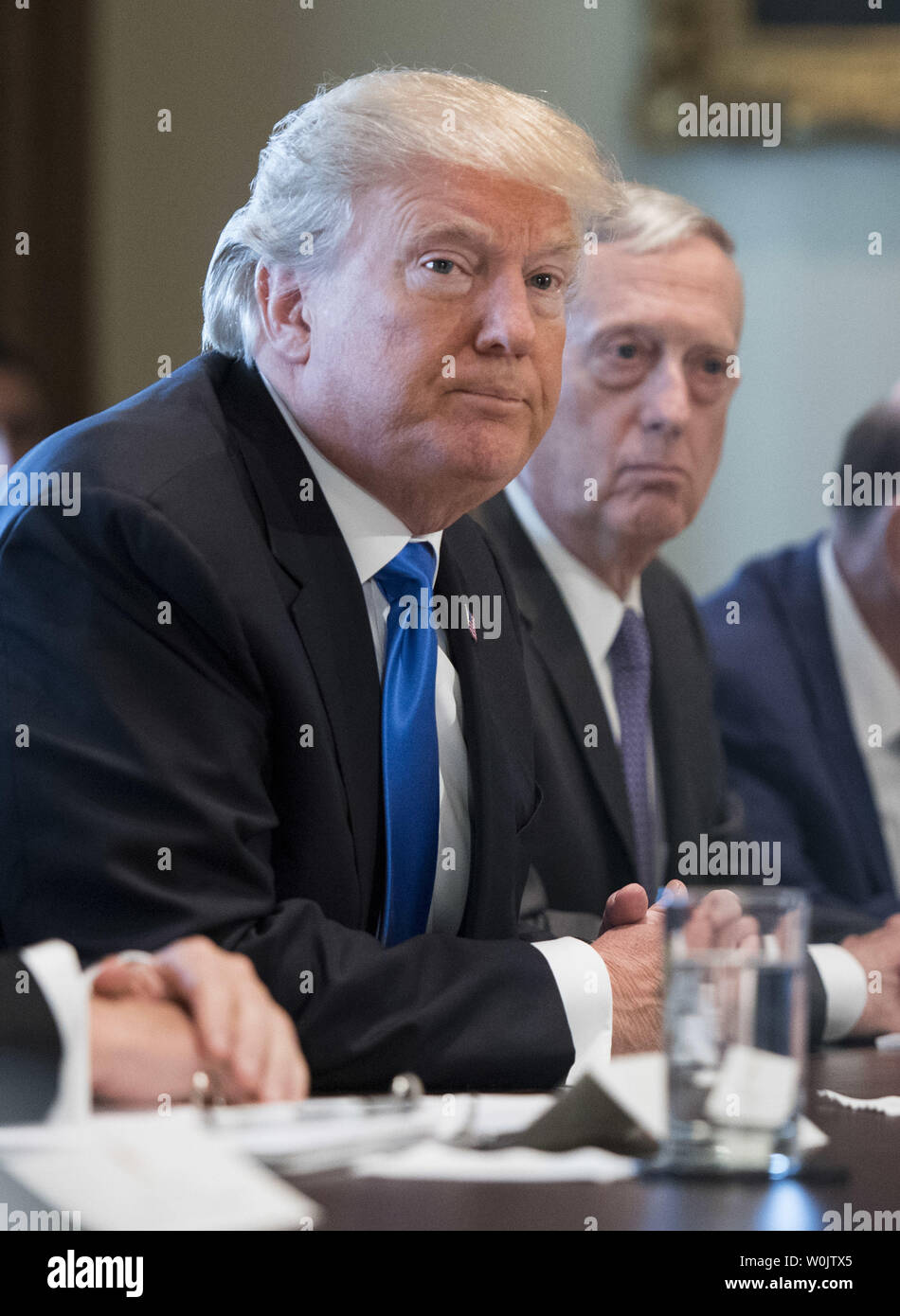 President Donald Trump speaks alongside Defense Secretary Jim Mattis as he addresses the press during a Cabinet meeting at the White House on December 6, 2017 in Washington, D.C. Photo by Kevin Dietsch/UPI Stock Photo