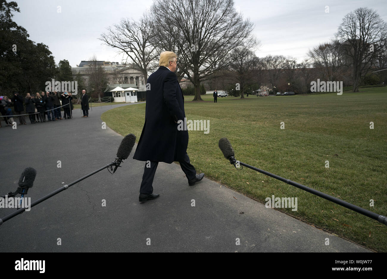 President Donald Trump leaves the White House for a trip to the FBI training facility then to Camp David, on December 15, 2017 in Washington, D.C. President Trump reiterated that there was no collusion with the Russians in his Presidential campaign.  Photo by Kevin Dietsch/UPI Stock Photo