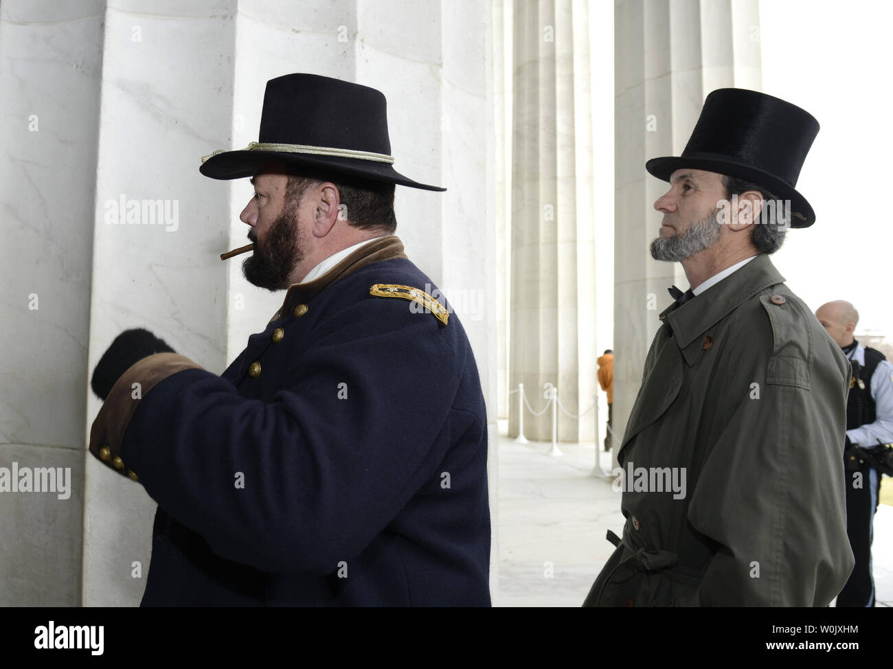 US President Abraham Lincoln re-enactor Greg Edwards (R) and Gen. Ulysses S. Grant re-enactor Kenneth Serfass attend a National Park Service-hosted event to mark the 209th anniversary of Lincoln's birthday, February 12, 2018, at the Lincoln Memorial, in Washington, D.C. Considered one of America's greatest presidents, Lincoln is remembered for preserving the Union after the Civil War and freeing slaves with the Emancipation Proclamation.       Photo by Mike Theiler/UPI Stock Photo