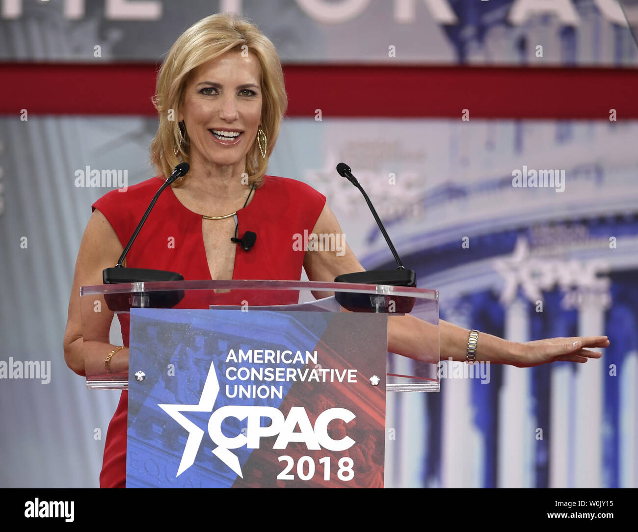 Political commentator and Fox TV host Laura Ingraham makes remarks at the Conservative Political Action Conference (CPAC), February 23, 2018, in National Harbor, Maryland. Thousands of conservative activists, Republicans and Tea Party Patriots gathered to hear politicians and radio and TV hosts speak, lobby and network for the conservative cause.       Photo by Mike Theiler/UPI Stock Photo
