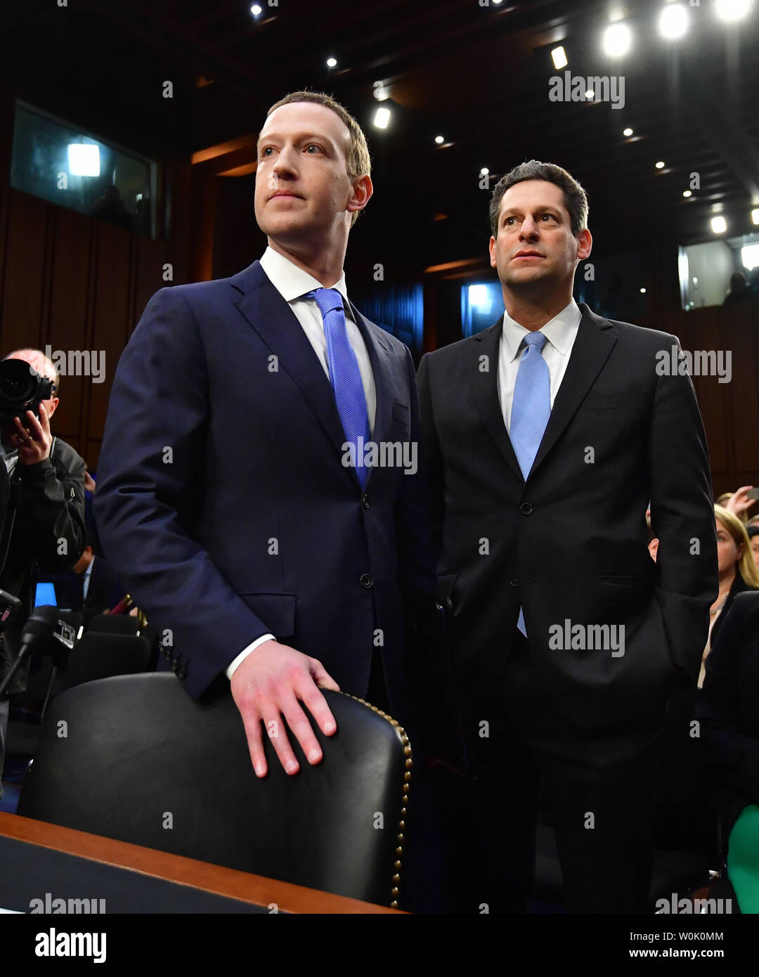 Facebook CEO Mark Zuckerberg (L) arrives with lawyer Joel Kaplan to testify at a Joint Senate Judiciary and Commerce Committee hearing on Facebook, social media privacy, and the use and abuse of data, on Capitol Hill in Washington, D.C. on April 10, 2018. Photo by Alex Brandon/UPI Stock Photo