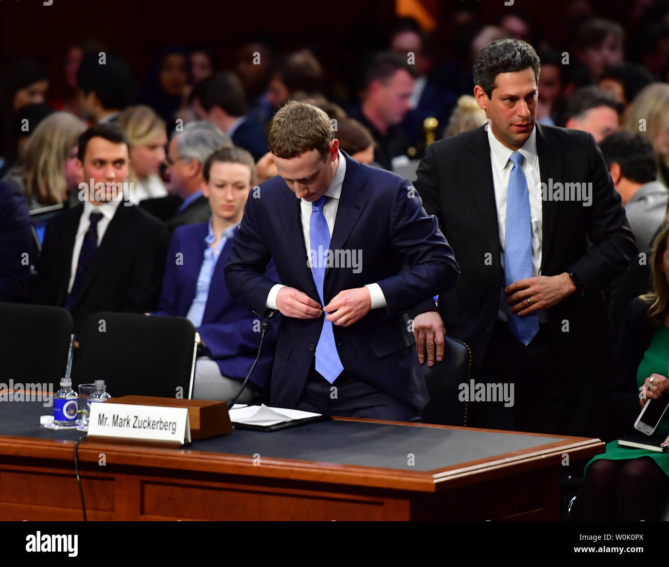 Facebook CEO Mark Zuckerberg arrives with lawyer Joel Kaplan (R) to testify at a Joint Senate Judiciary and Commerce Committee hearing on Facebook, social media privacy, and the use and abuse of data, on Capitol Hill in Washington, D.C. on April 10, 2018. Photo by Alex Brandon/UPI Stock Photo