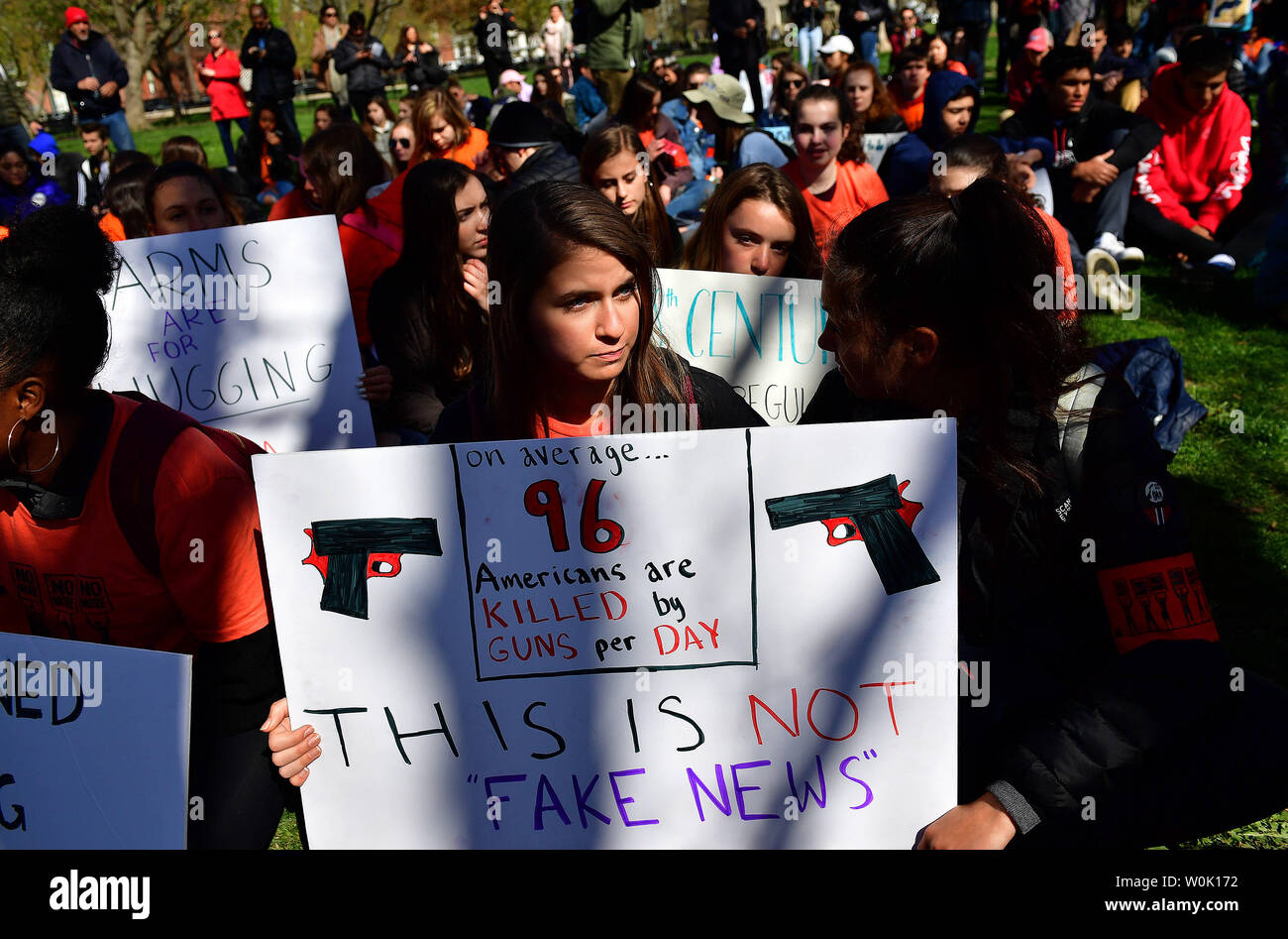 Local area students hold a gun protest sit-in near the White House in Lafayette Park, in Washington, D.C. on April 20, 2018. The students held a 19 minute moment of silence to honor all those killed by gun violence in the 19 years since the Columbine school shooting. The Columbine High School shooting in Colorado took place on April 20, 1999 when two students shot and killed 13 people before committing suicide. Photo by Kevin Dietsch/UPI Stock Photo