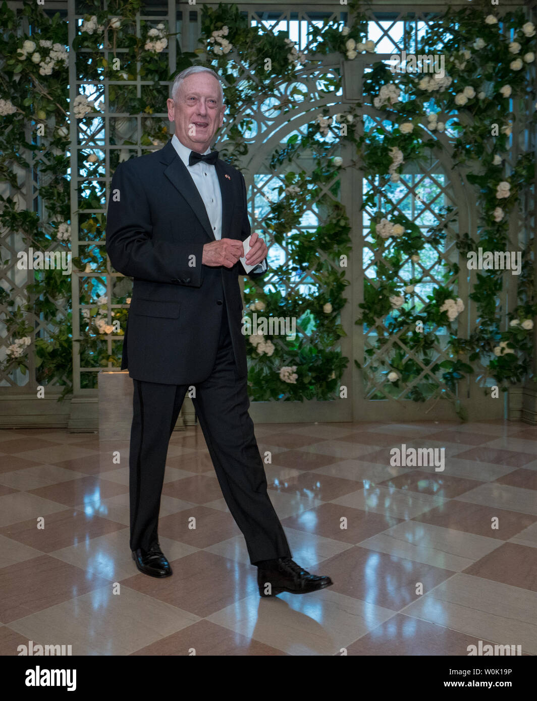 James Mattis, Secretary of Defense, arrives for the State dinner in honor of French President Emmanuel Macron and his wife Brigitte at the White House in Washington, D.C. on April 24, 2018. Macron and Trump met earlier in the day and discussed a range of bilateral issues during Trumps first official state visit with the French president.     Photo by Ken Cedeno/UPI Stock Photo