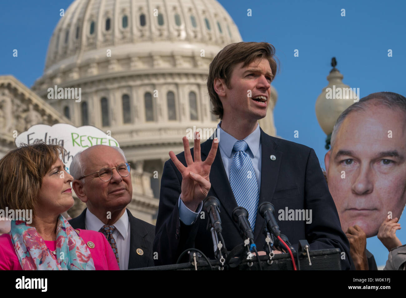 Collin OÕMara, president and CEO of the National Wildlife Federation, center, and democrats on the House Energy and Commerce Committee hold a news conference to call for the firing or resignation of Environmental Protection Agency (EPA) Administrator Scott Pruitt; and to discuss important issues he must address during his testimony before the Environment Subcommittee in Washington, D.C. on April 26, 2018.            Photo by Ken Cedeno/UPI Stock Photo