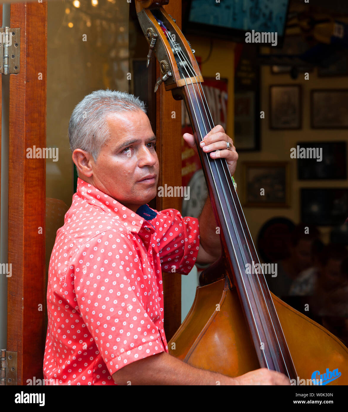 Man plays double bass street side in an open-sided restaurant adjacent to Plaza Vieja, Havana, (Havana Vieja), Cuba, Caribbean Stock Photo
