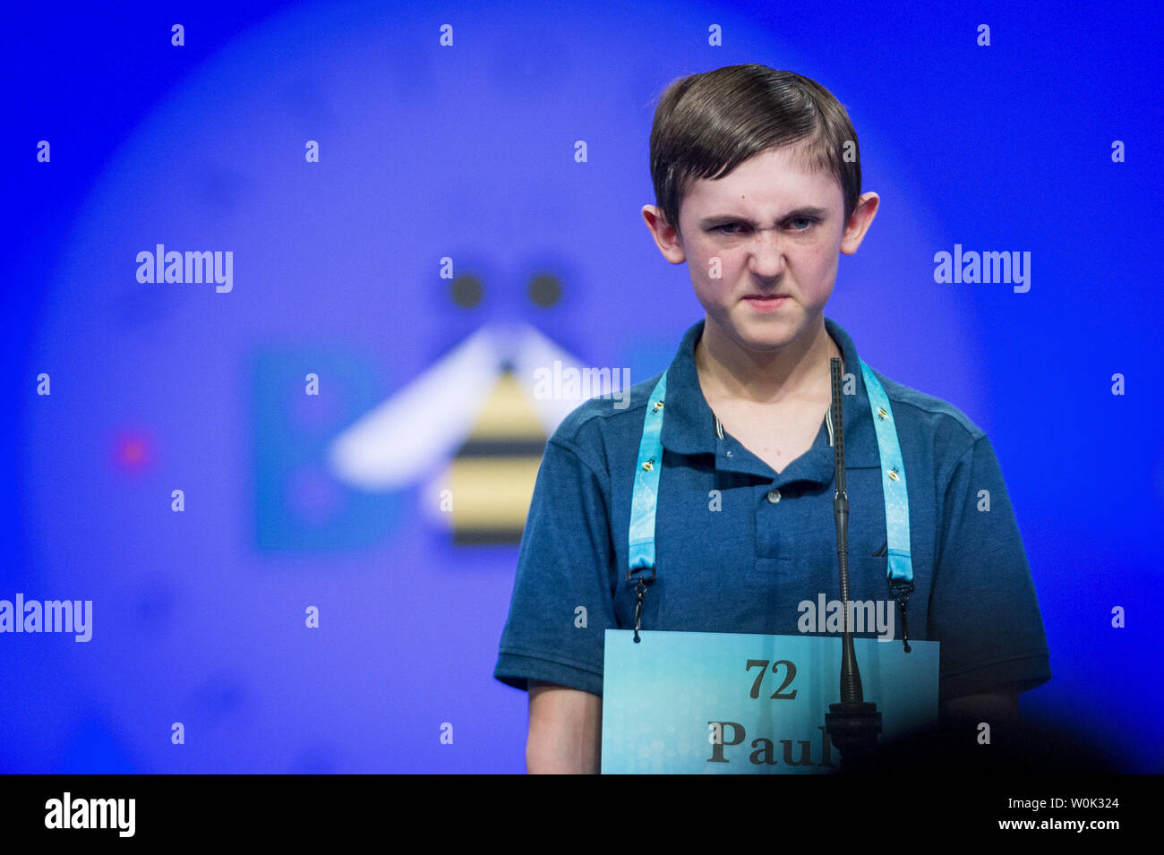 Paul Hamrick, 14, from Monterey, California, participates in the final round of the 2018 Scripps National Spelling Bee on May 31, 2018 in Oxon Hill, Maryland. The Bee was expanded this year and now spans three days with 519 spellers. Forty-one spellers advanced to the final round.  Photo by Pete Marovich/UPI Stock Photo
